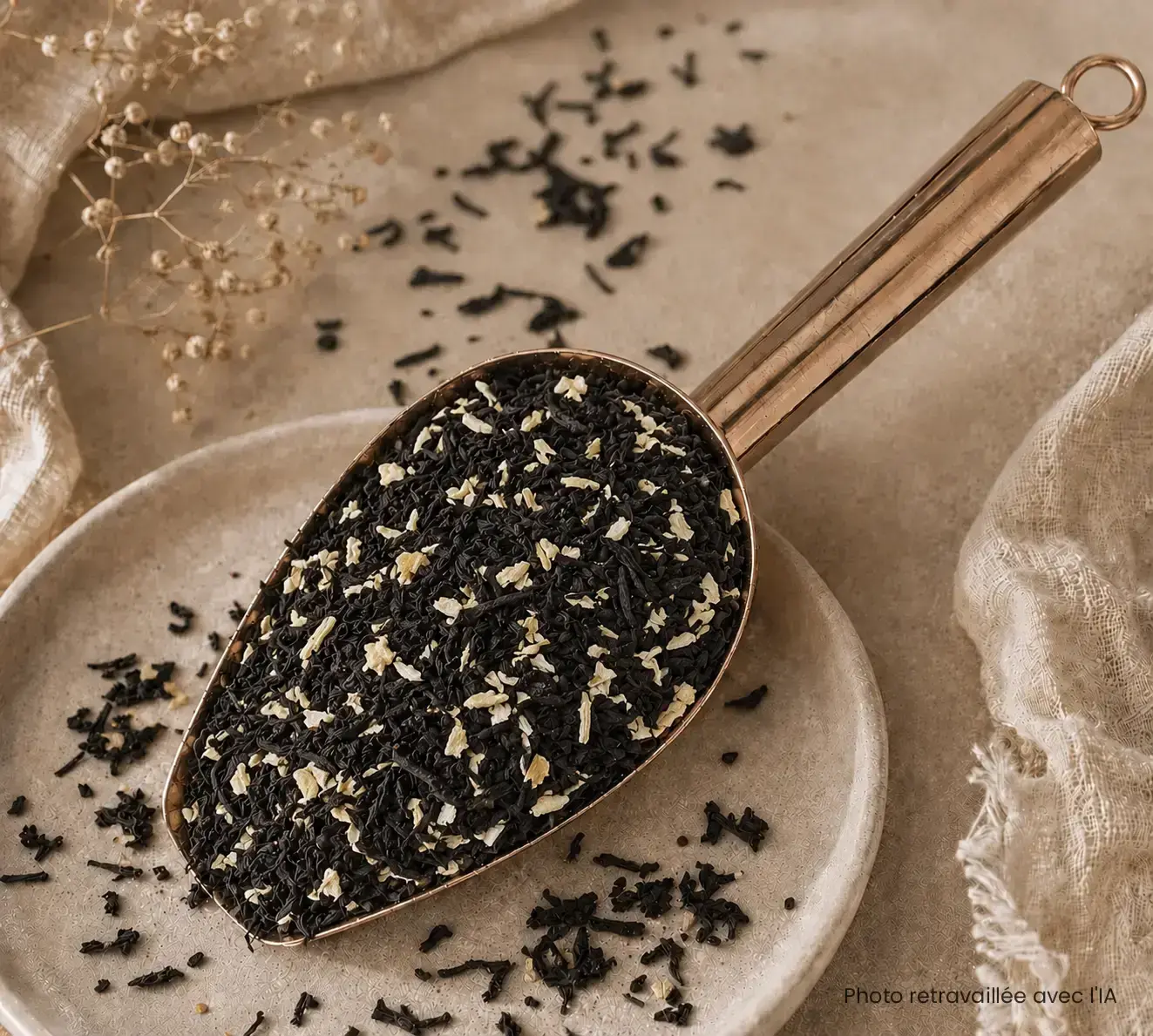 Thé noir Vanille Noix de Coco. Gourmand, Fruits exotiques, onctueux, rond.