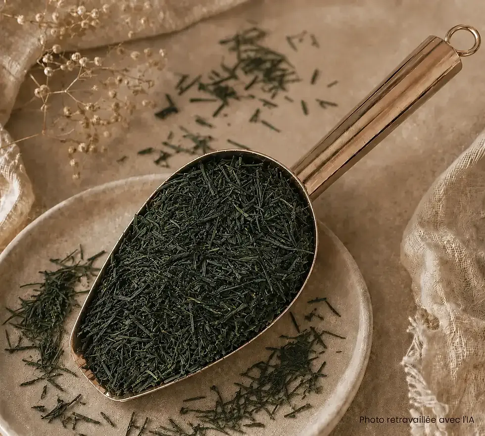 Sencha cuit à la vapeur, longues feuilles fines en forme d'aiguille, frais, végétal, herbacé