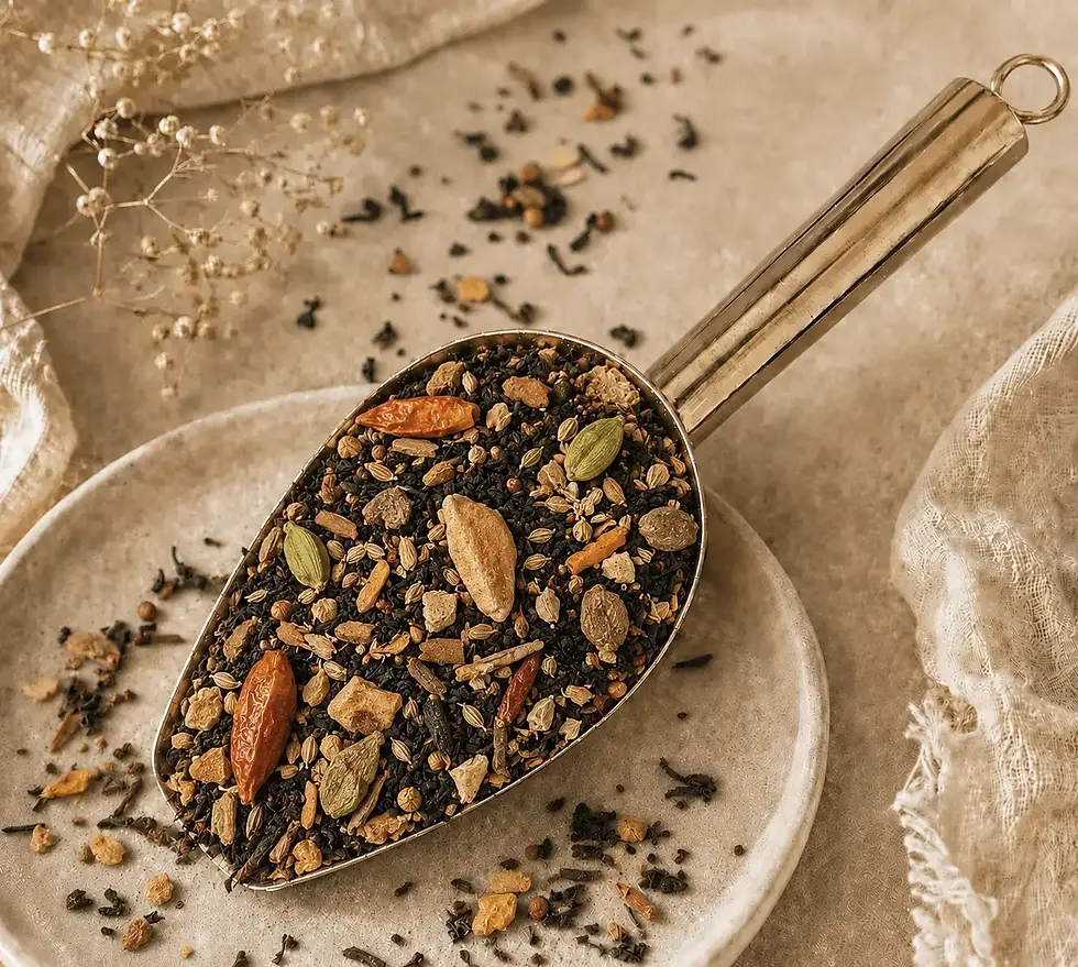 Thé noir Curcuma Piment Cardamome. Epices, Chai, chaleureux.