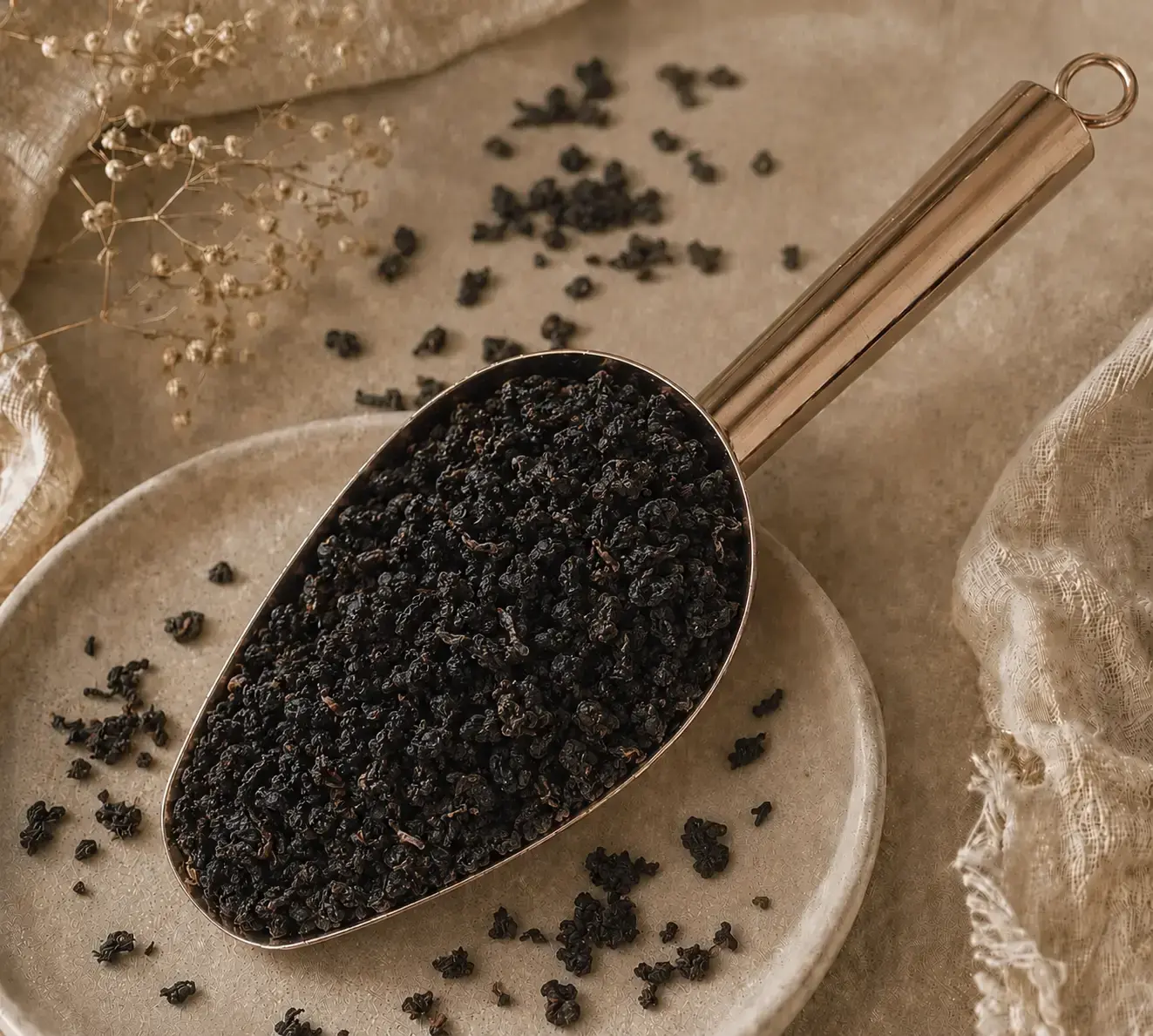 Tie Guan Yin torréfié au charbon. Fruité, Figue, Noix de cajou, moelleux, riche, équilibré, floral, minéral.