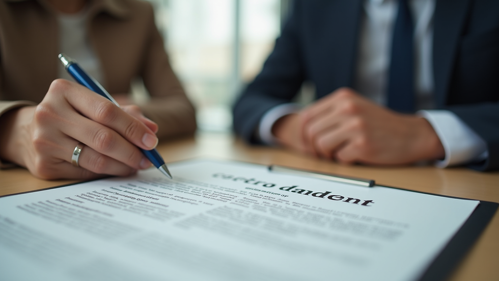 Close-up de contrato de financiamento sendo assinado em mesa de madeira