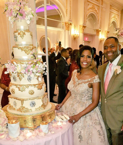 Omarosa Manigault Ivory and Gold Baroque Cherry Blossom Wedding Cake