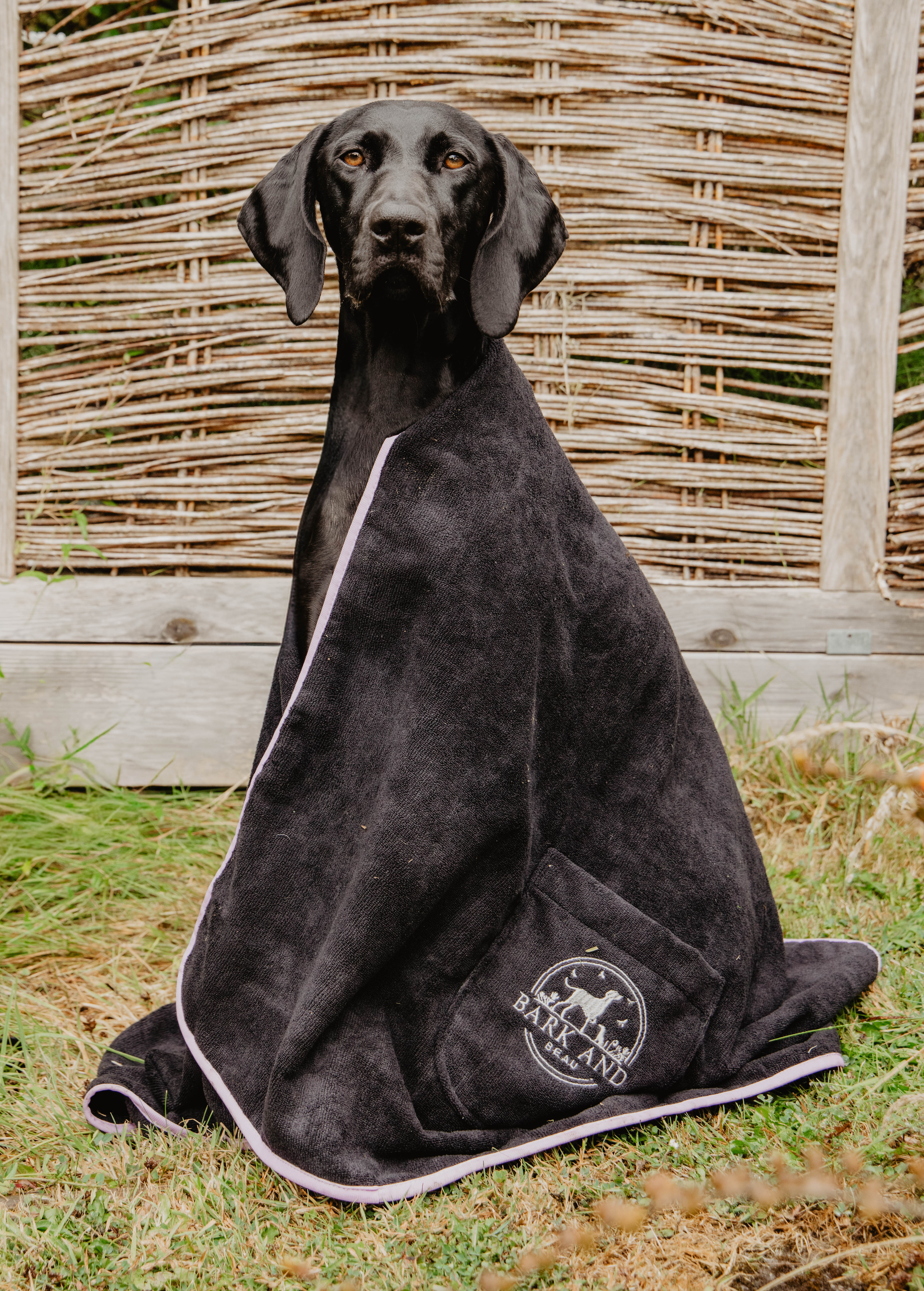 Black dog wrapped in a black blanket with Bark and Beak logo, sitting on grass before a woven wicker fence.