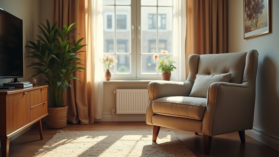 Eye-level view of a cozy living room with a comfortable armchair
