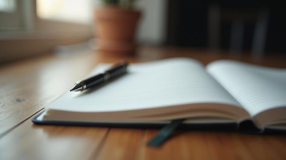 Close-up view of a journal and pen on a wooden desk