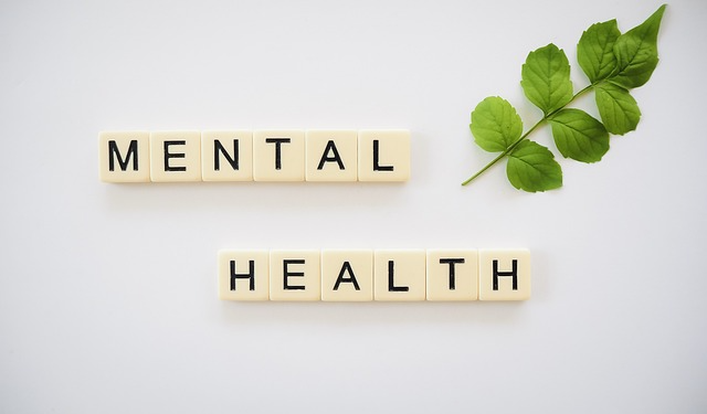 "MENTAL HEALTH" displayed using Scrabble tiles with a green leafy branch extending upward from the tiles.