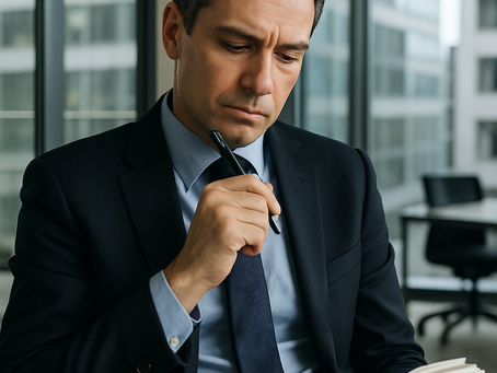 A contemplative executive in a modern office setting, reviewing notes, symbolizing the quiet reflection and internal validation that sustains strong leadership through recognition-sparse periods.