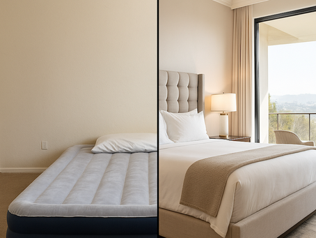 A split-screen image illustrating an example of the original air mattress setup contrasted with a modern luxury listing.