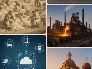 A multi-panel image depicting a vintage illustration of a 19th-century cotton mill in India and  other panels depicting diverse, modern representations of Tata's businesses: a sleek Tata Motors car, a modern steel plant, a futuristic image of cloud computing (for TCS), and the iconic Taj Mahal Palace Hotel.