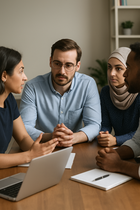 An image of a diverse team gathered around a table in thoughtful discussion, with a leader listening intently—symbolizing humility and active learning.