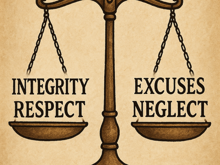 A pair of scales—one side with “Integrity” and “Respect,” the other with “Excuses” and “Neglect.”
