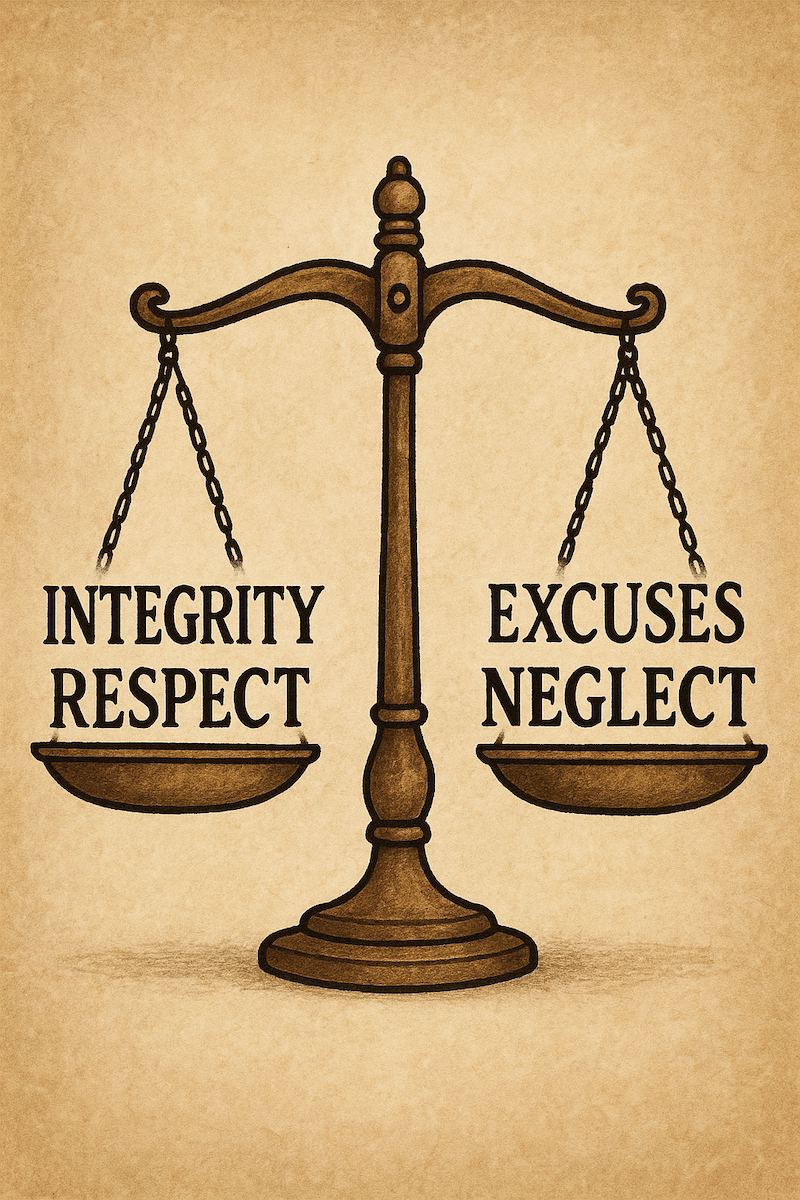 A pair of scales—one side with “Integrity” and “Respect,” the other with “Excuses” and “Neglect.”