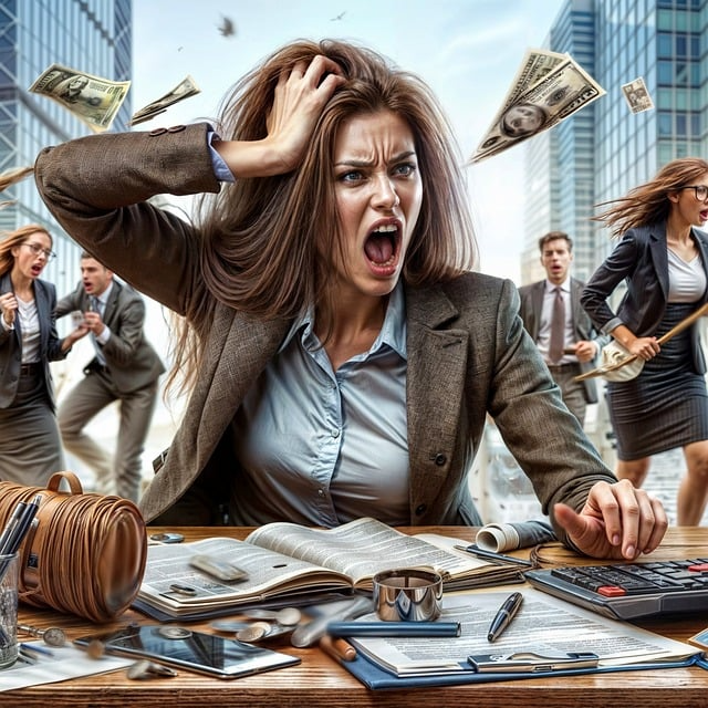 AI Generated woman in foreground experiencing high stress with other executives in background also in panic/stress.