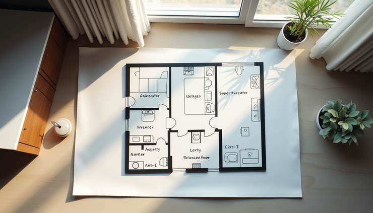 Vue en plongée d’un appartement avec mesures de surface affichées