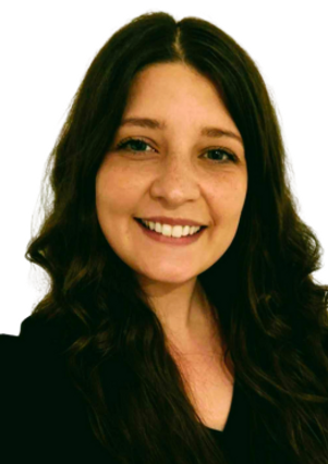 Headshot of a woman with long, dark, curly hair, wearing a black shirt