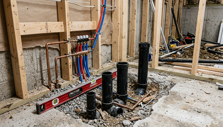Close-up view of basement bathroom plumbing rough-in