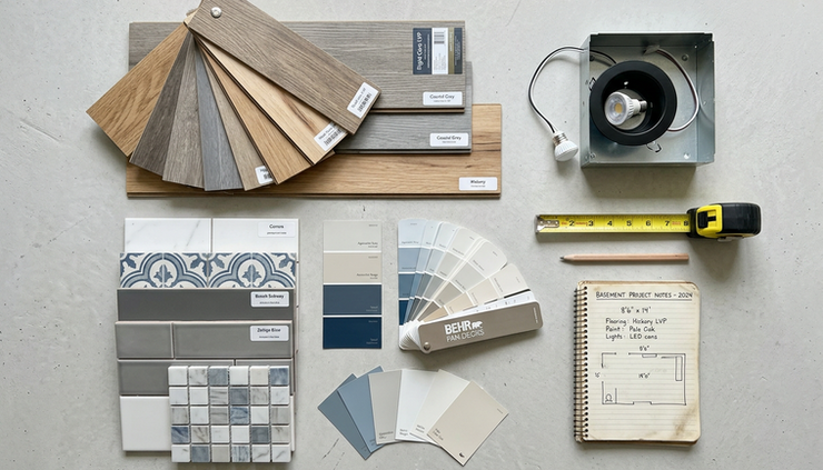 Overhead view of basement renovation materials arranged on a concrete floor