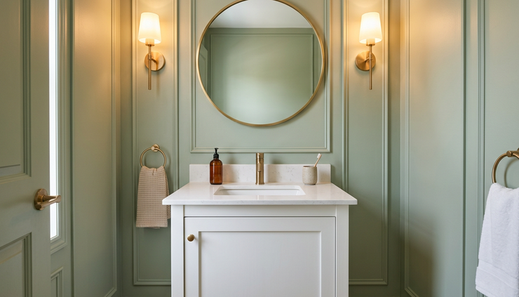 Eye-level view of a powder room vanity wall with a mirror, sconces, and soft green wall treatment.