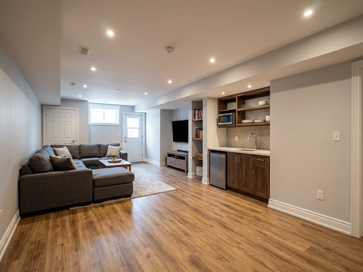 Open-concept family room completed during a basement renovation Markham project by Cedarwood Development Group Inc. Transform your home with a basement renovation Markham project. Turnkey $50K–$150K legal ARUs & custom suites. Call (437) 477-7366 today.