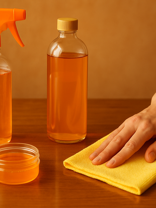 Brown table being cleaned with orange cleaner