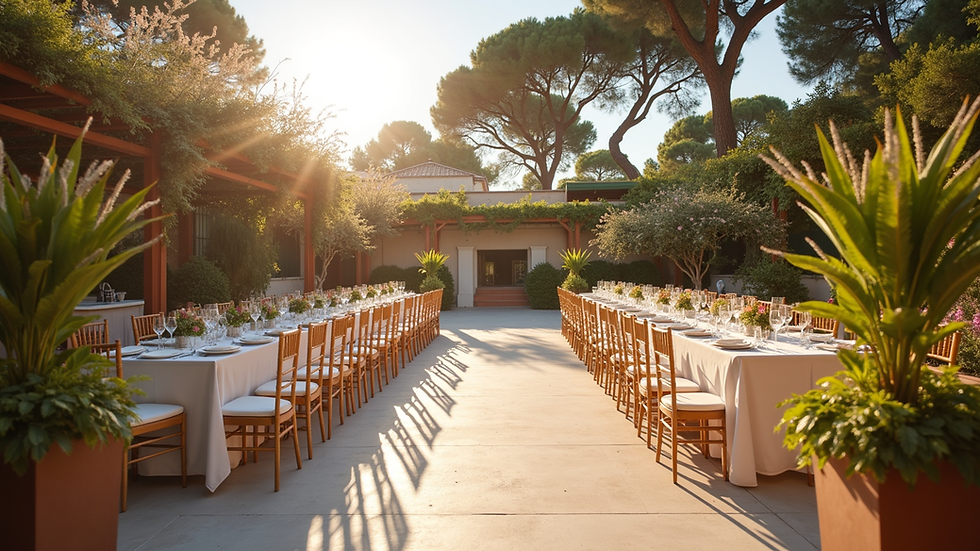 Wide angle view of a beautifully decorated outdoor event space
