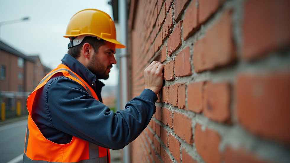 Eye-level view of a surveyor inspecting a brick wall
