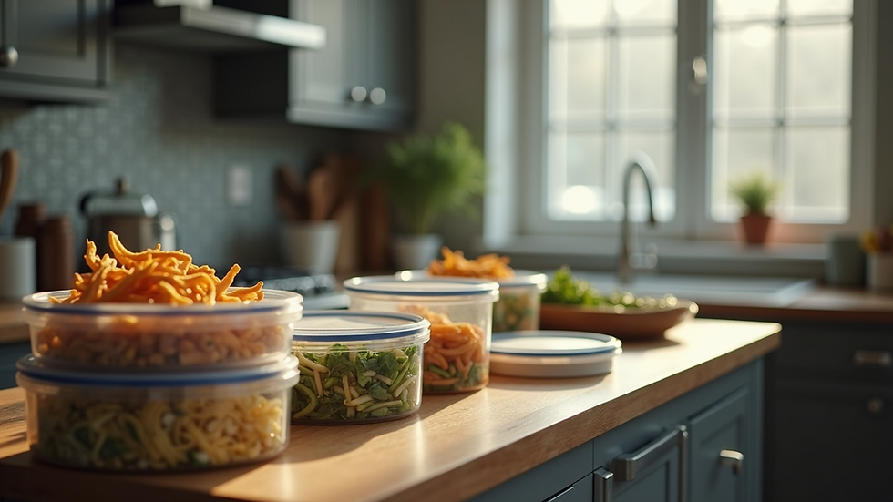 High angle view of a well-organized kitchen with meal prep containers