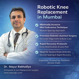 Professional promotional graphic featuring Dr. Mayur Rabhadiya highlighting precision robotic knee replacement and muscle-sparing rapid recovery surgery.