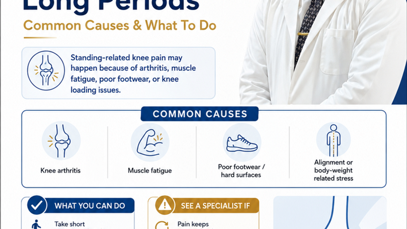 Knee pain after standing for long periods - common causes and what to do, by Dr. Mayur Rabhadiya