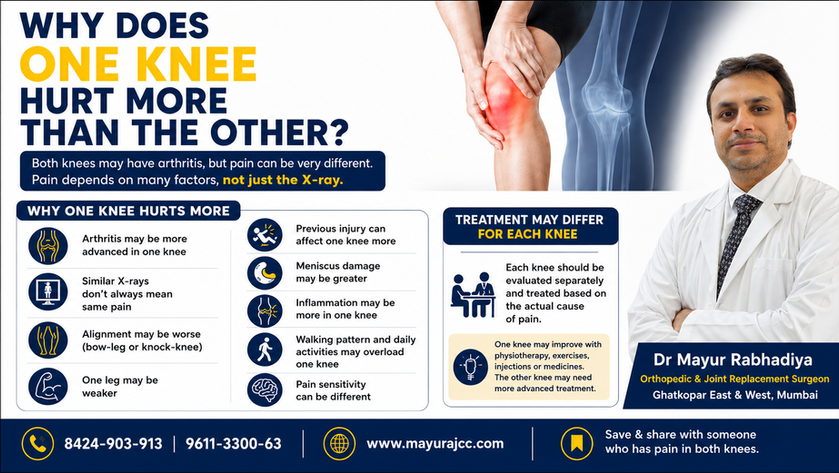 Patient education infographic explaining why pain may be greater in one knee even when both knees have arthritis. It highlights differences in arthritis severity, knee alignment, muscle strength, inflammation, previous injury, meniscus damage, walking pattern, and pain sensitivity.