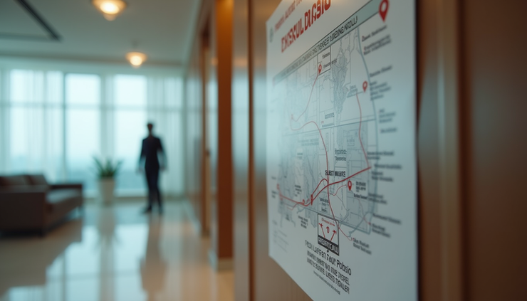 Plano detallado de rutas de evacuación en un hotel de Panamá con señalización clara