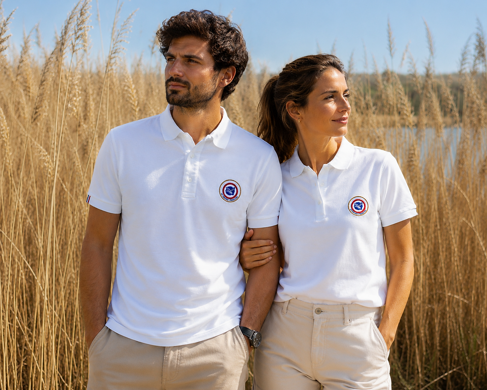 Couple en polo blanc lifestyle outdoor Le Canard Français
