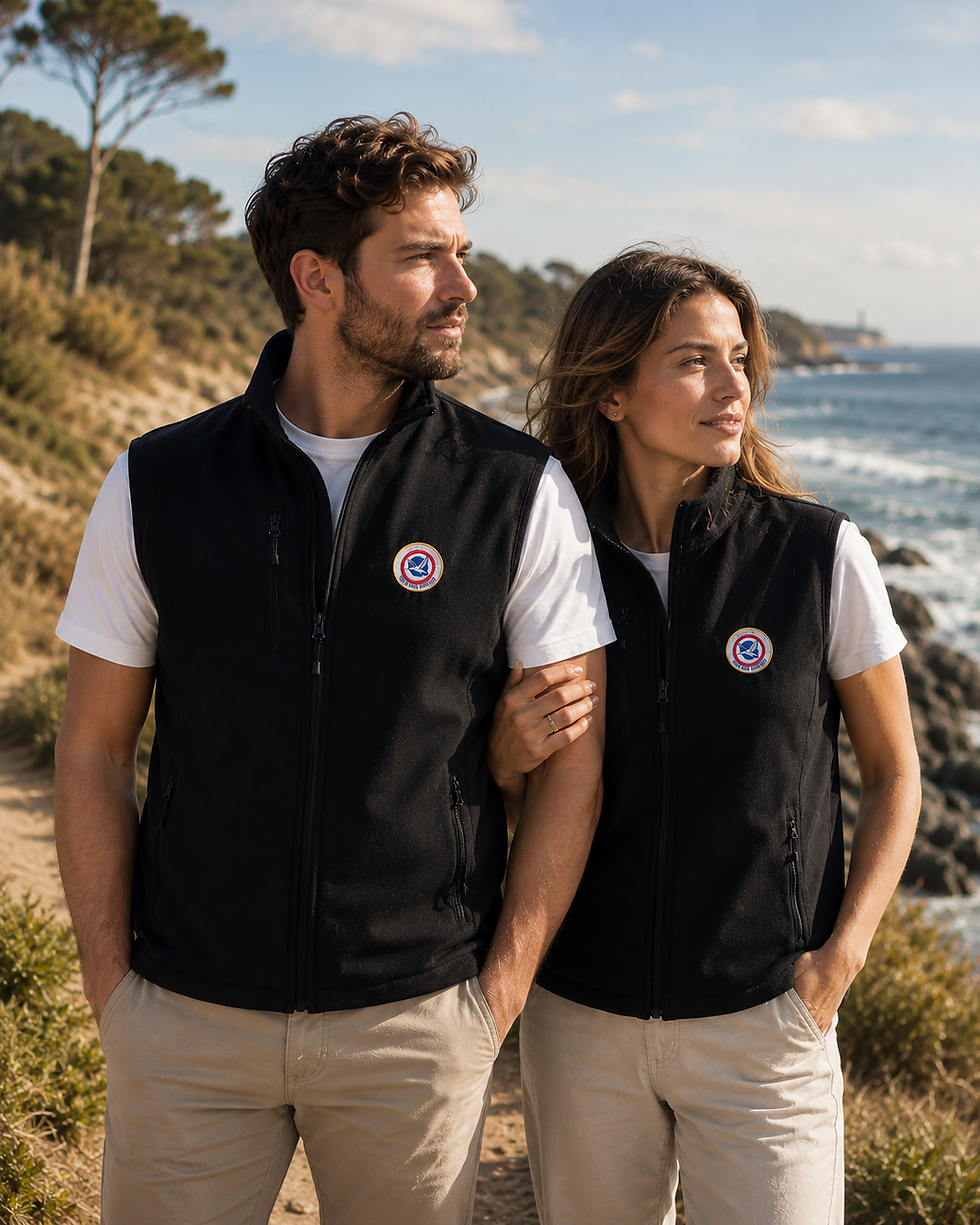 Miniature : Couple portant une veste softshell sans manches noire Le Canard Français