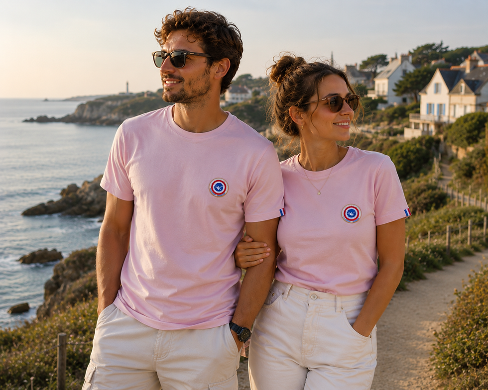 Miniature : Couple portant un t-shirt rose Le Canard Français en bord de mer