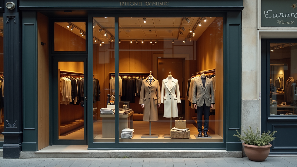 Vue à hauteur d’œil d’une boutique Le Canard Français avec des vêtements exposés