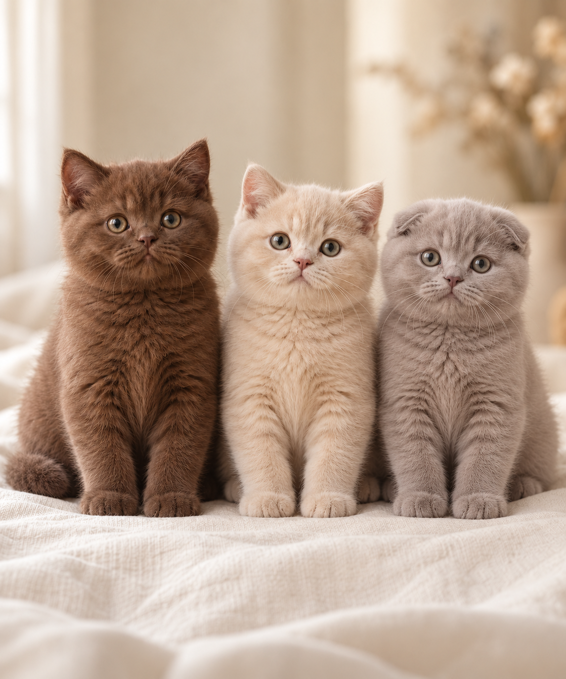 Chocolate and cream British Shorthair kittens with a lilac Scottish Fold kitten — AI illustration