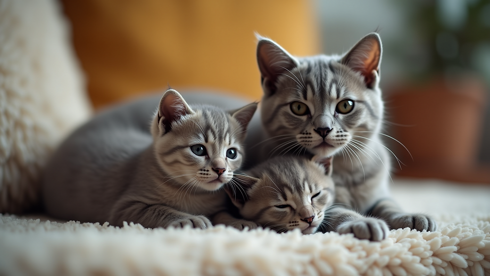 Close-up view of a British Shorthair mother with her kittens