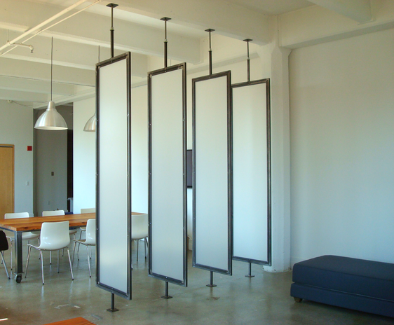 Four hanging white panels, modern office space design with Architectural Steel. AUS