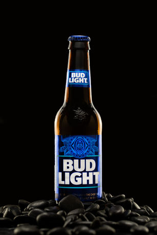 bud light bottle sitting on rocks