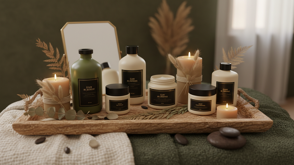 Close-up view of a luxurious facial treatment setup with candles and skincare products