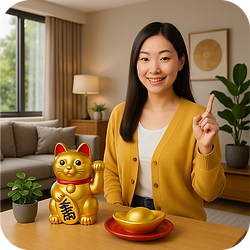 微笑女性顾问坐在温馨客厅中,桌上摆放金色招财猫、金元宝和绿植,举起食指指示重点,象征招财布局与好运提示
