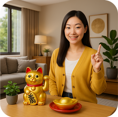微笑女性顾问坐在温馨客厅中,桌上摆放金色招财猫、金元宝和绿植,举起食指指示重点,象征招财布局与好运提示