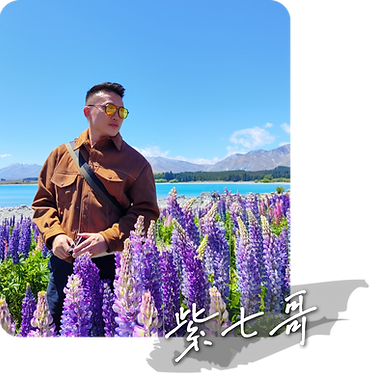 微笑男子穿棕色夹克及黄色墨镜,站在紫色鲁冰花花田前,背景为蓝色湖水和远山,展现风水顾问与自然天地能量的连结