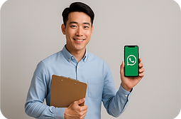 微笑顾问手持手机展示WhatsApp图标,另一只手拿着记事板,象征通过WhatsApp提交风水咨询资料的流程