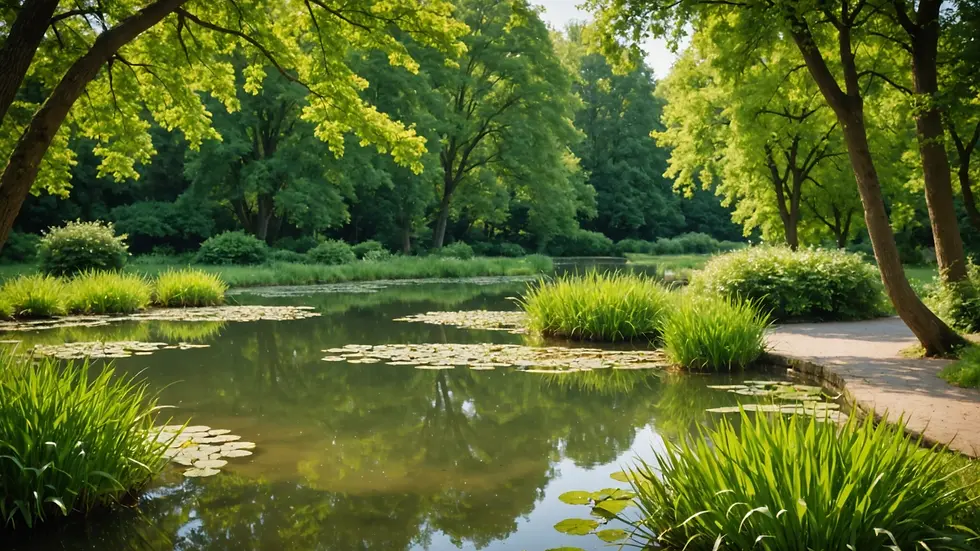 Close-up view of a tranquil pond surrounded by green trees