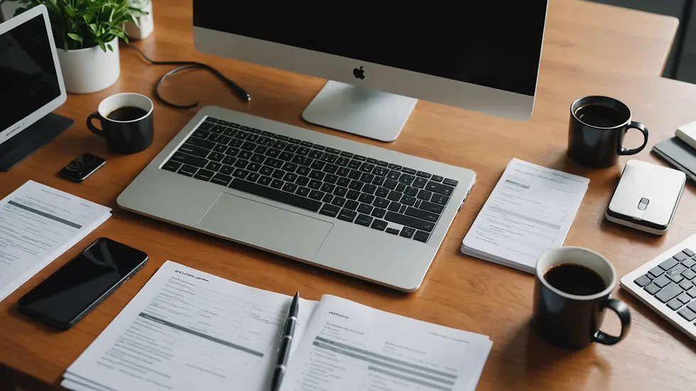 High angle view of a computer with financial documents