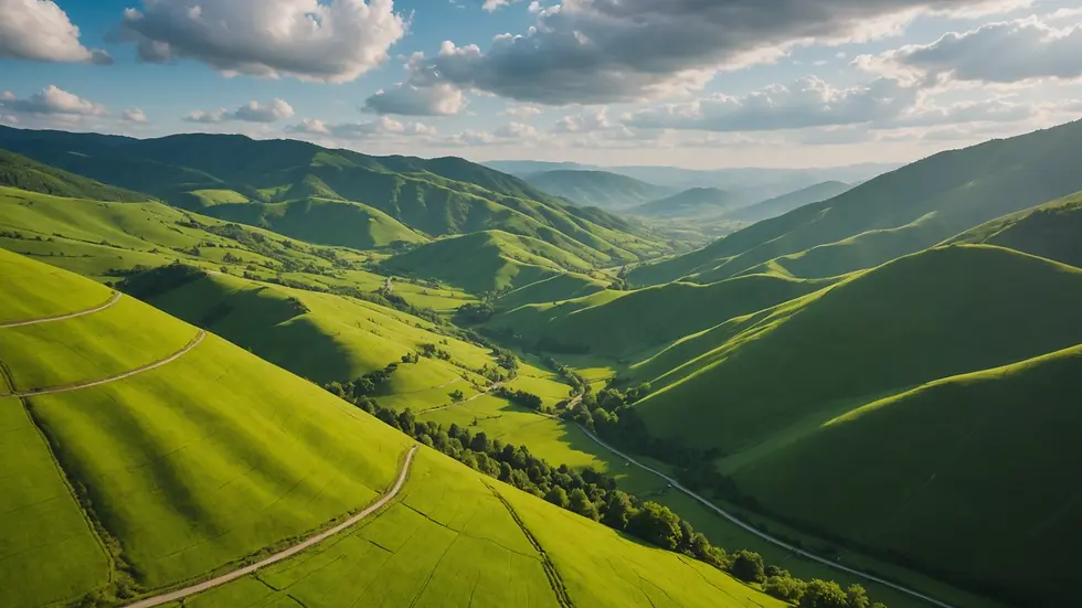 High angle view of a lush green valley with hills in the background