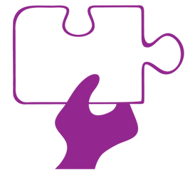A purple silhouette of a hand holds a puzzle piece.