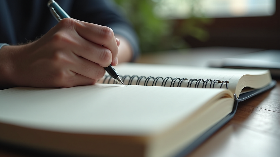 Close-up view of an open notebook with pen and notes on UX writing