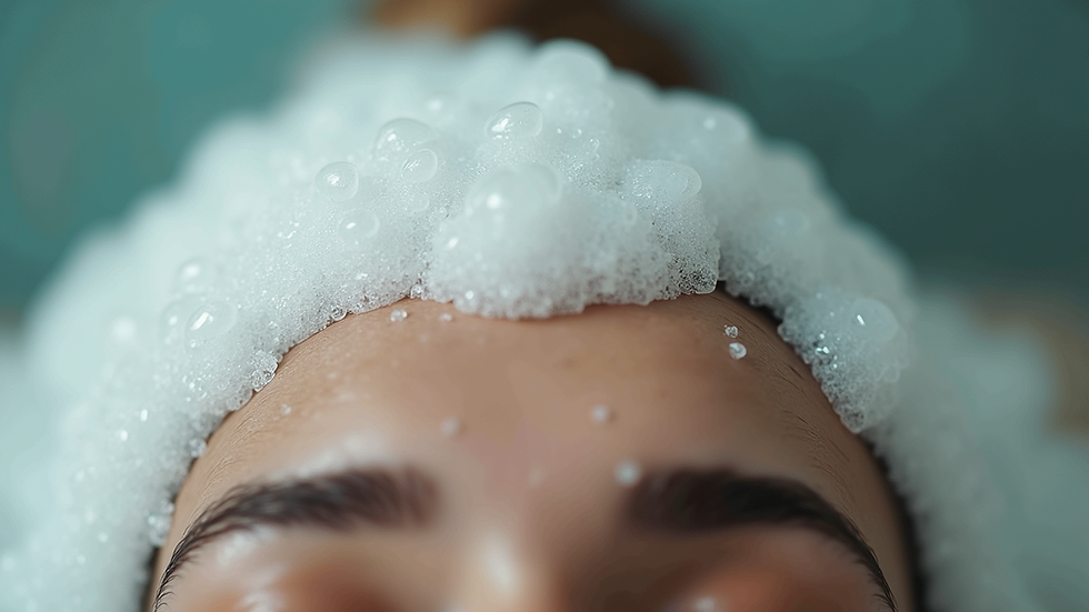 Eye-level view of shampoo lather on scalp during hair wash